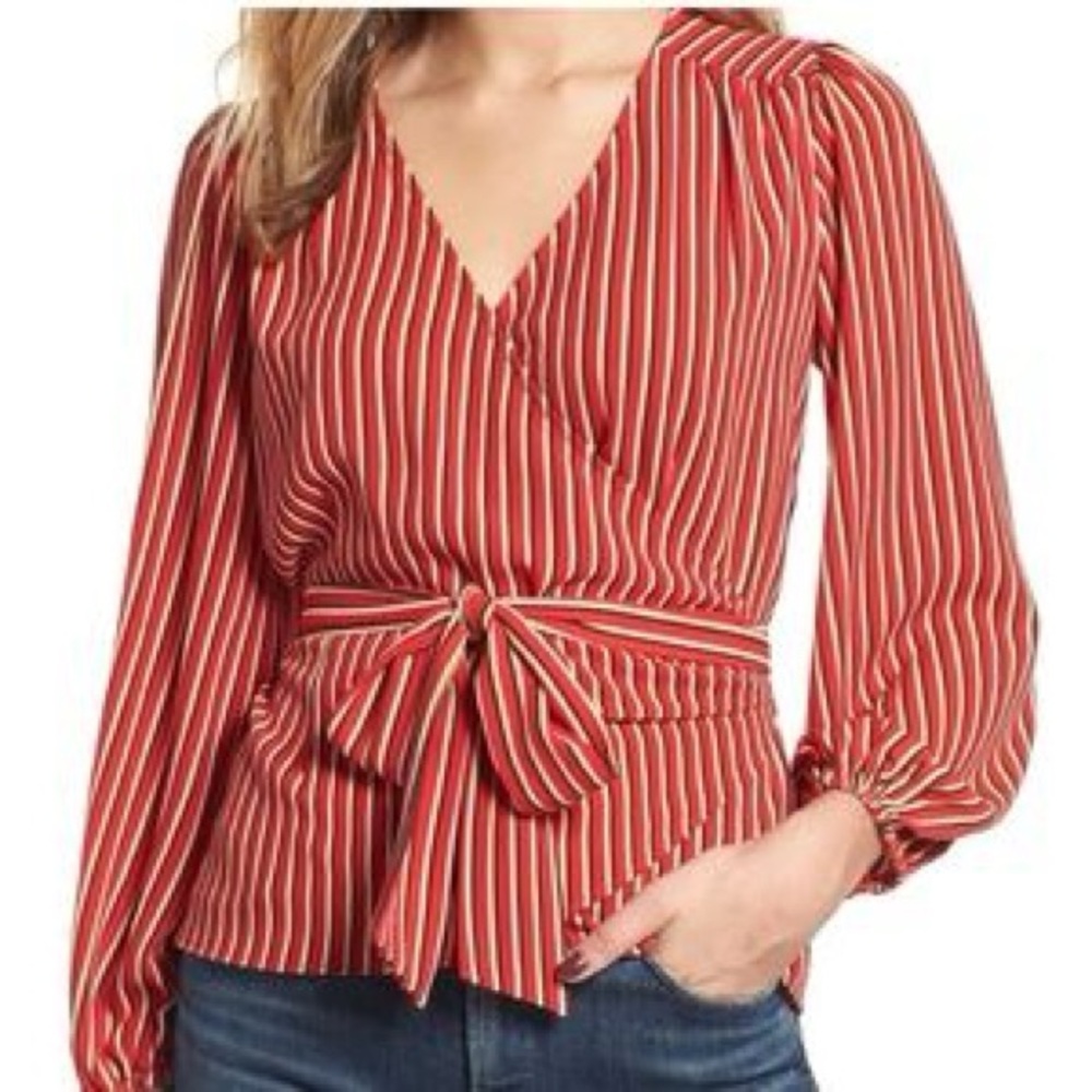 HINGE Striped Wrap Blouse Tie Bow Waist Red & White Stripe Puff Long Sleeve Top - Picture 3 of 16